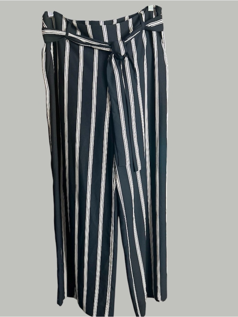 High-Rise Vertical Stripe Tie-Waist Pants - Navy Pink & White
